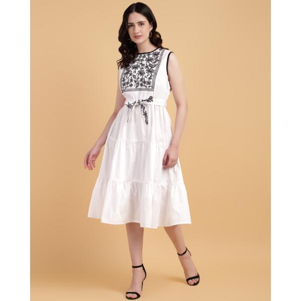 White Yoke Embroidered Poplin Midi Dress
